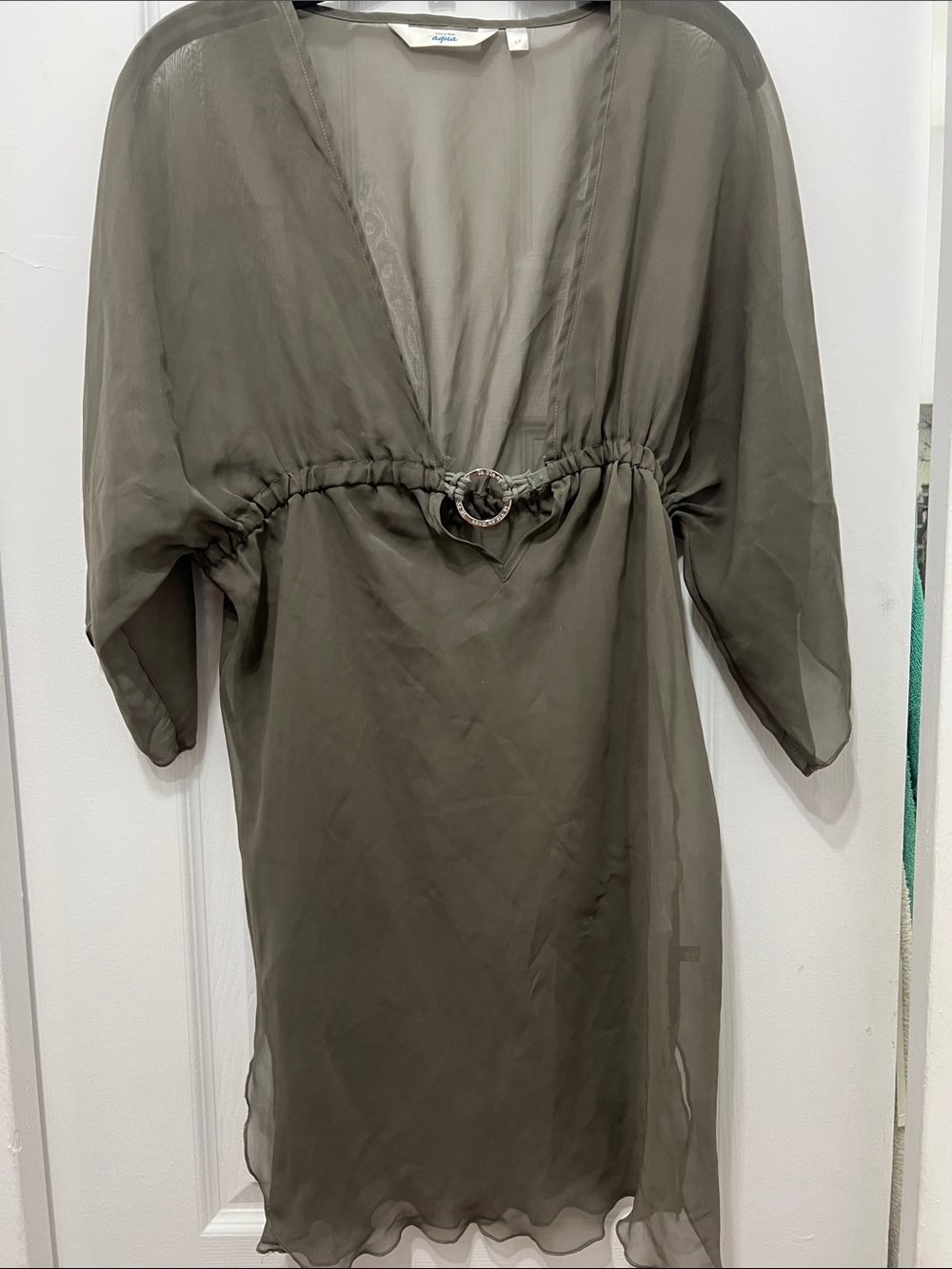 La Vie En Rose Olive Sheer Swim Coverup with Ring Tie